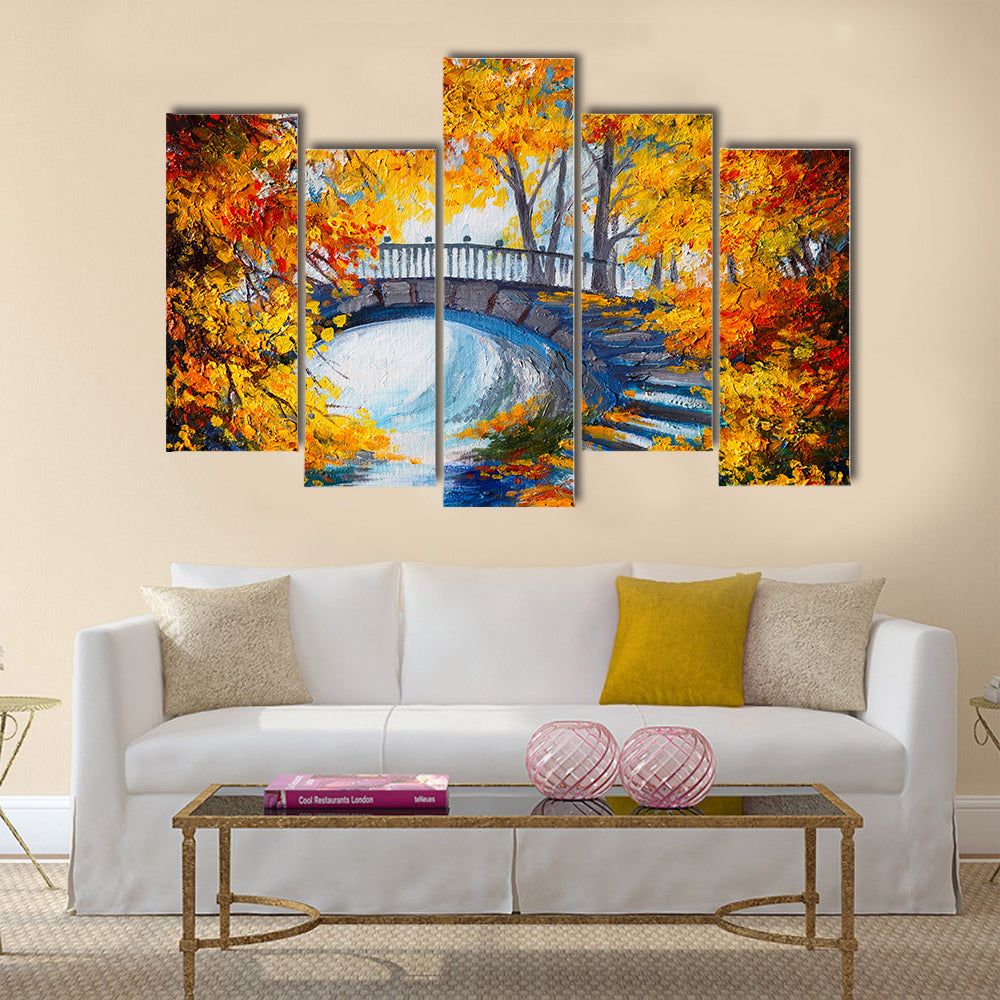 Oil Painting - autumn forest with a road and bridge over the road Multi Panel Canvas Wall Art