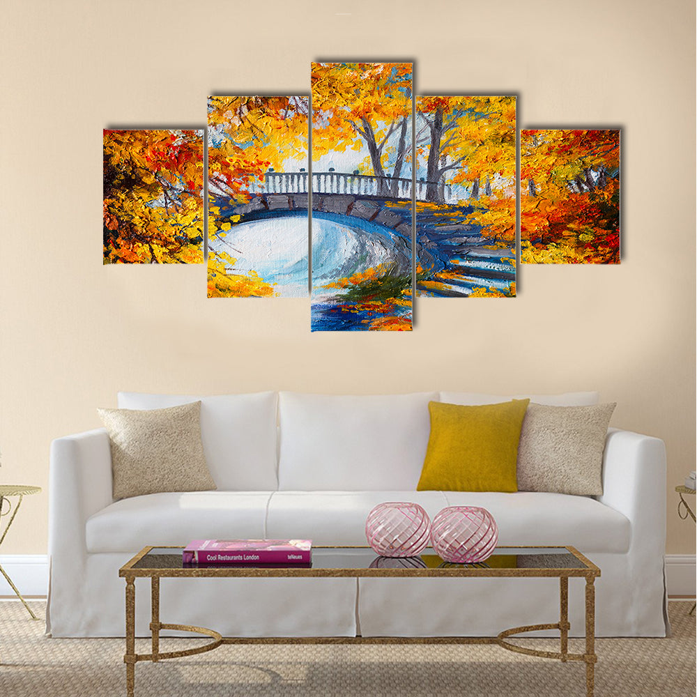 Oil Painting - autumn forest with a road and bridge over the road Multi Panel Canvas Wall Art