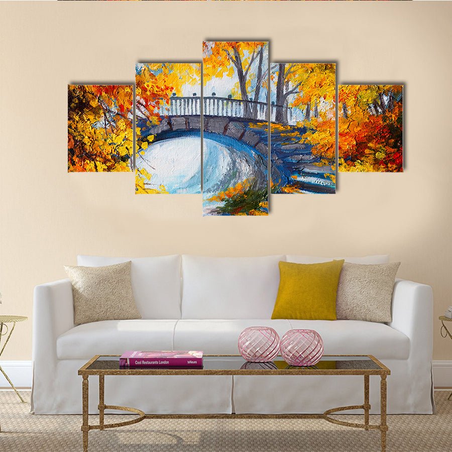 The Autumn Forest With A Road And Bridge Over The Road Multi Panel Canvas Wall Art