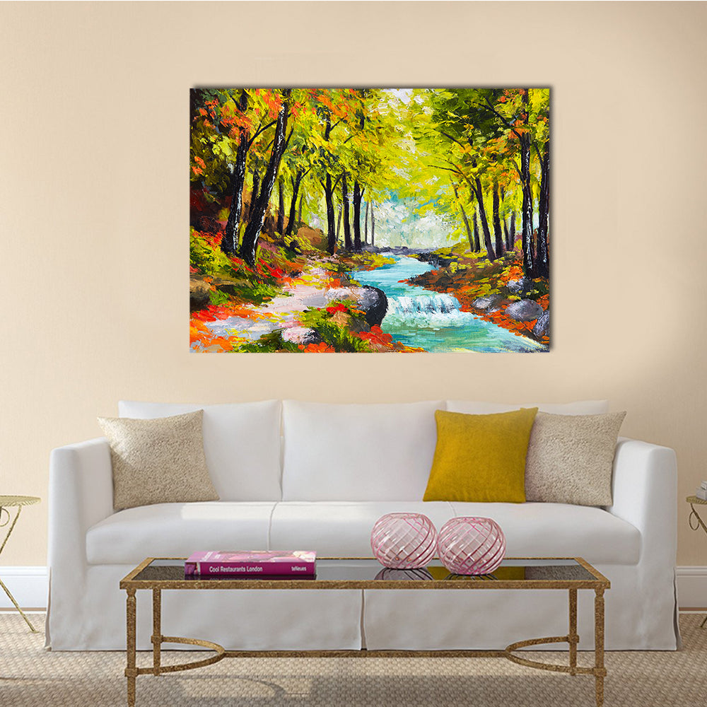 Landscape Of ARiver In Autumn Forest Multi Panel Canvas Wall Art