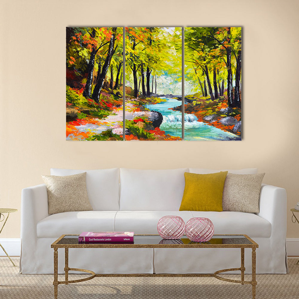 Landscape oil painting - river in autumn forest Multi Panel Canvas Wall Art