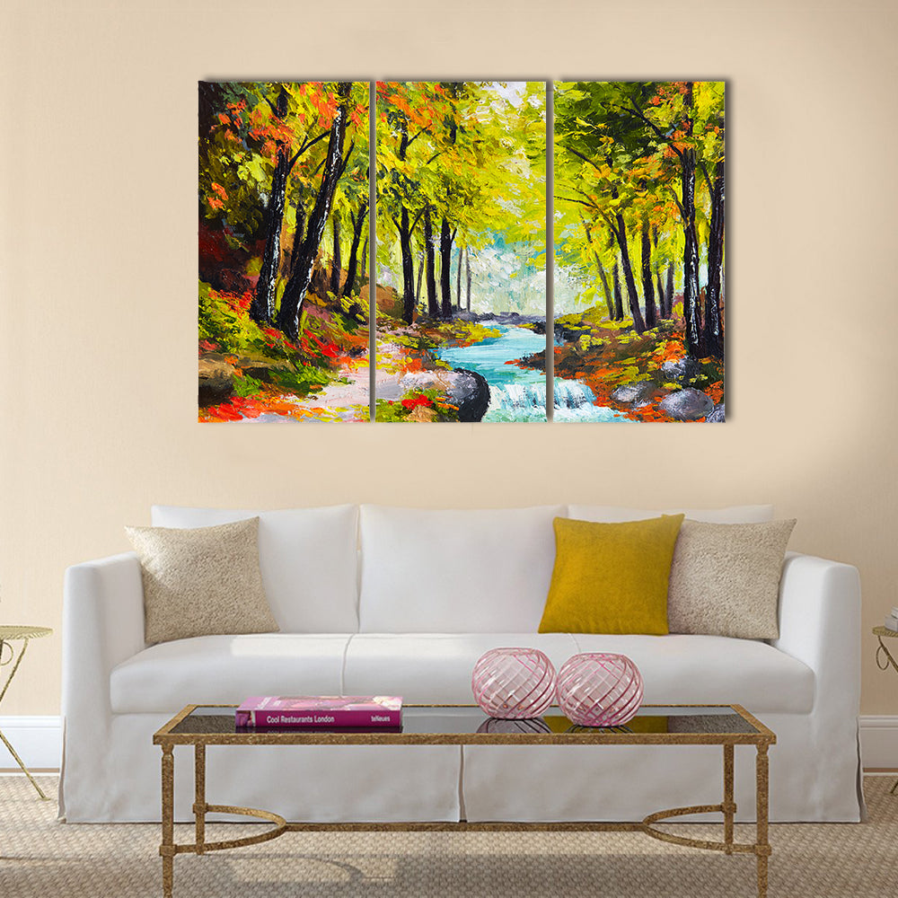 Landscape Of ARiver In Autumn Forest Multi Panel Canvas Wall Art