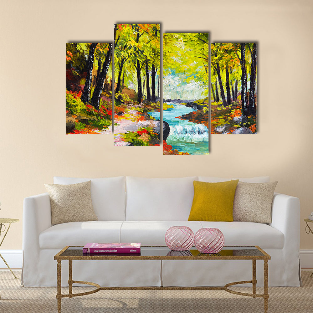 Landscape Of ARiver In Autumn Forest Multi Panel Canvas Wall Art