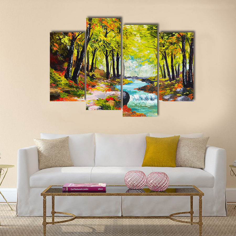 Landscape oil painting - river in autumn forest Multi Panel Canvas Wall Art