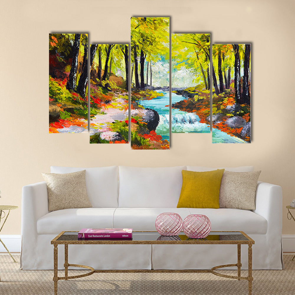 Landscape Of ARiver In Autumn Forest Multi Panel Canvas Wall Art