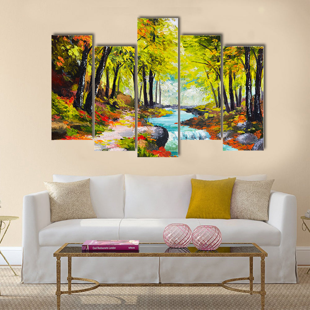Landscape oil painting - river in autumn forest Multi Panel Canvas Wall Art