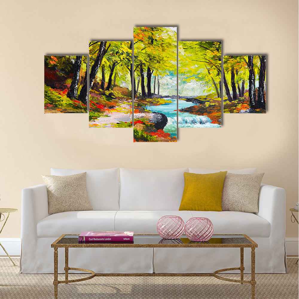 Landscape oil painting - river in autumn forest Multi Panel Canvas Wall Art