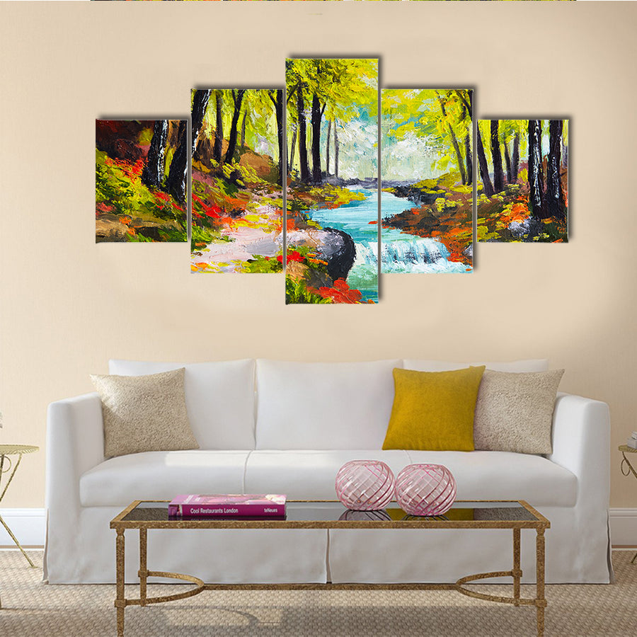 Landscape Of ARiver In Autumn Forest Multi Panel Canvas Wall Art