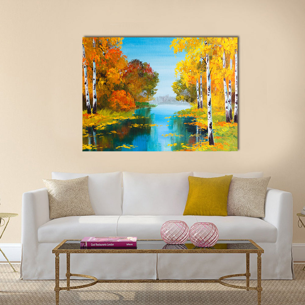 oil painting landscape - birch forest near the river Multi Panel Canvas Wall Art