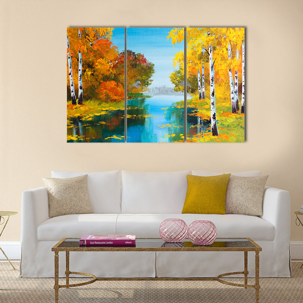 oil painting landscape - birch forest near the river Multi Panel Canvas Wall Art