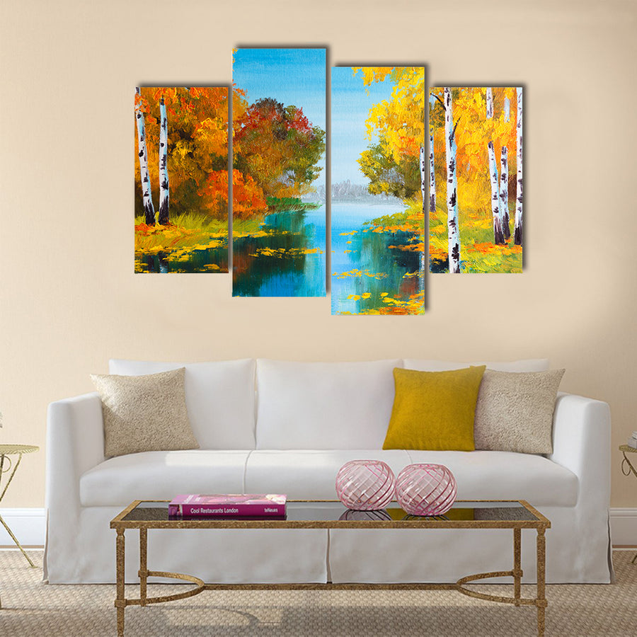 oil painting landscape - birch forest near the river Multi Panel Canvas Wall Art