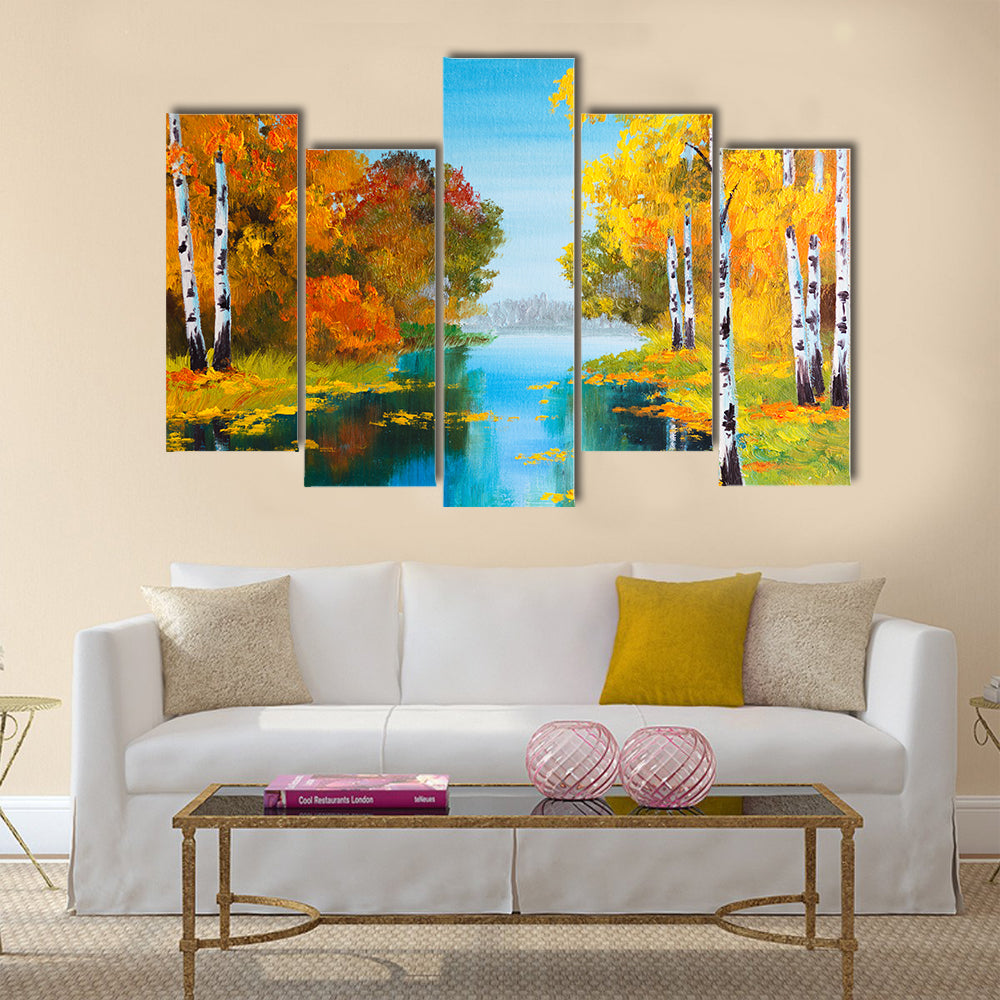 oil painting landscape - birch forest near the river Multi Panel Canvas Wall Art