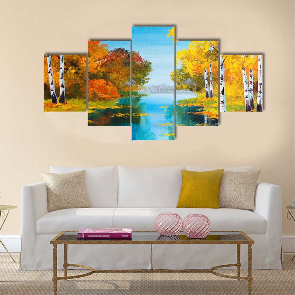 oil painting landscape - birch forest near the river Multi Panel Canvas Wall Art