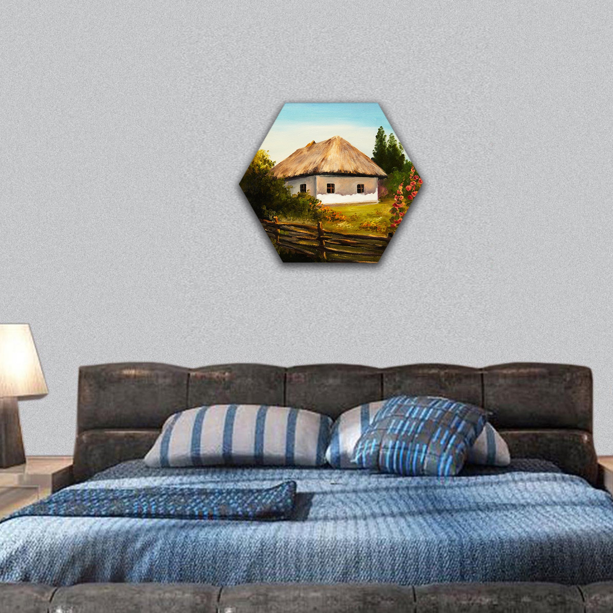 Oil Painting - house in the forest hexagonal canvas wall art