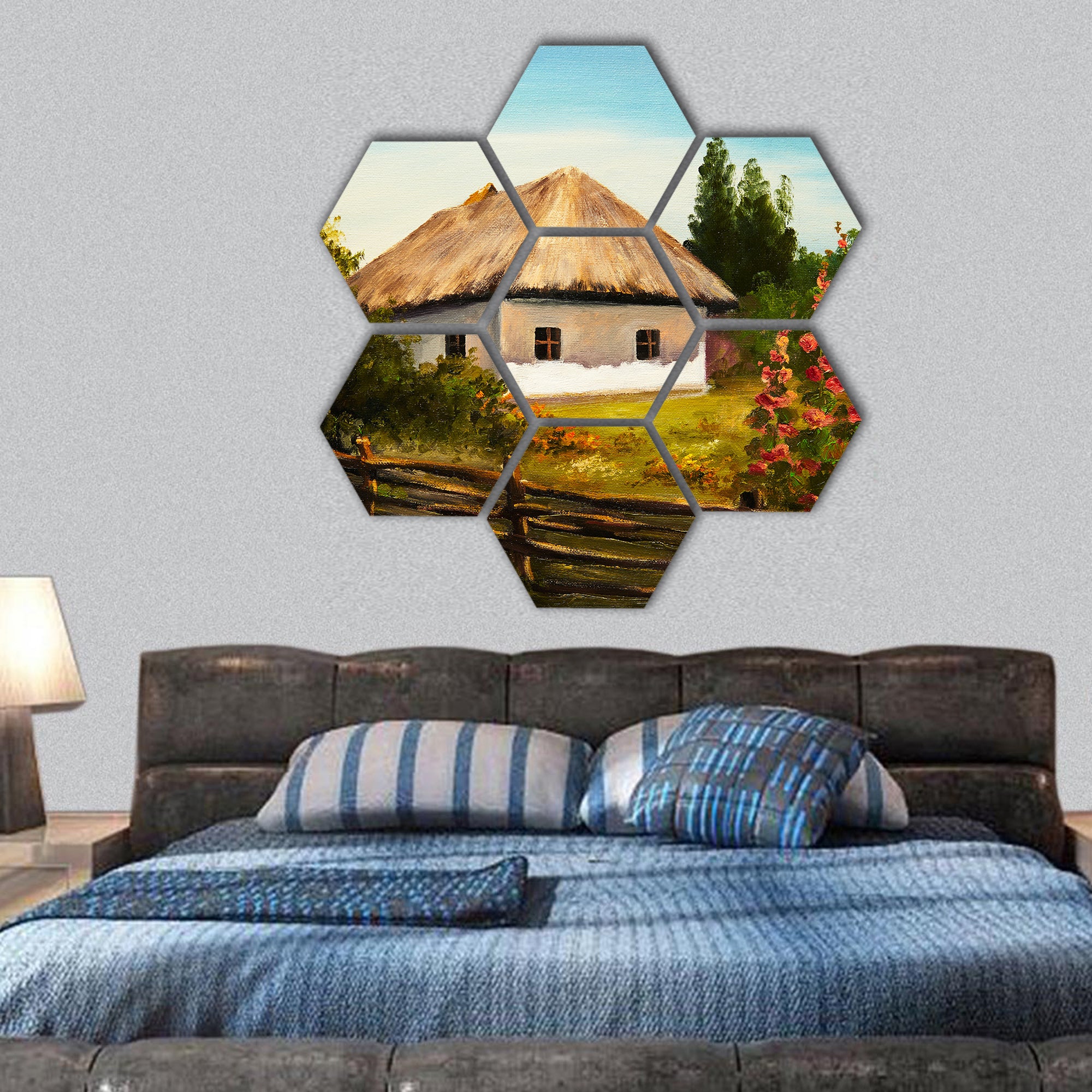 Oil Painting - house in the forest hexagonal canvas wall art