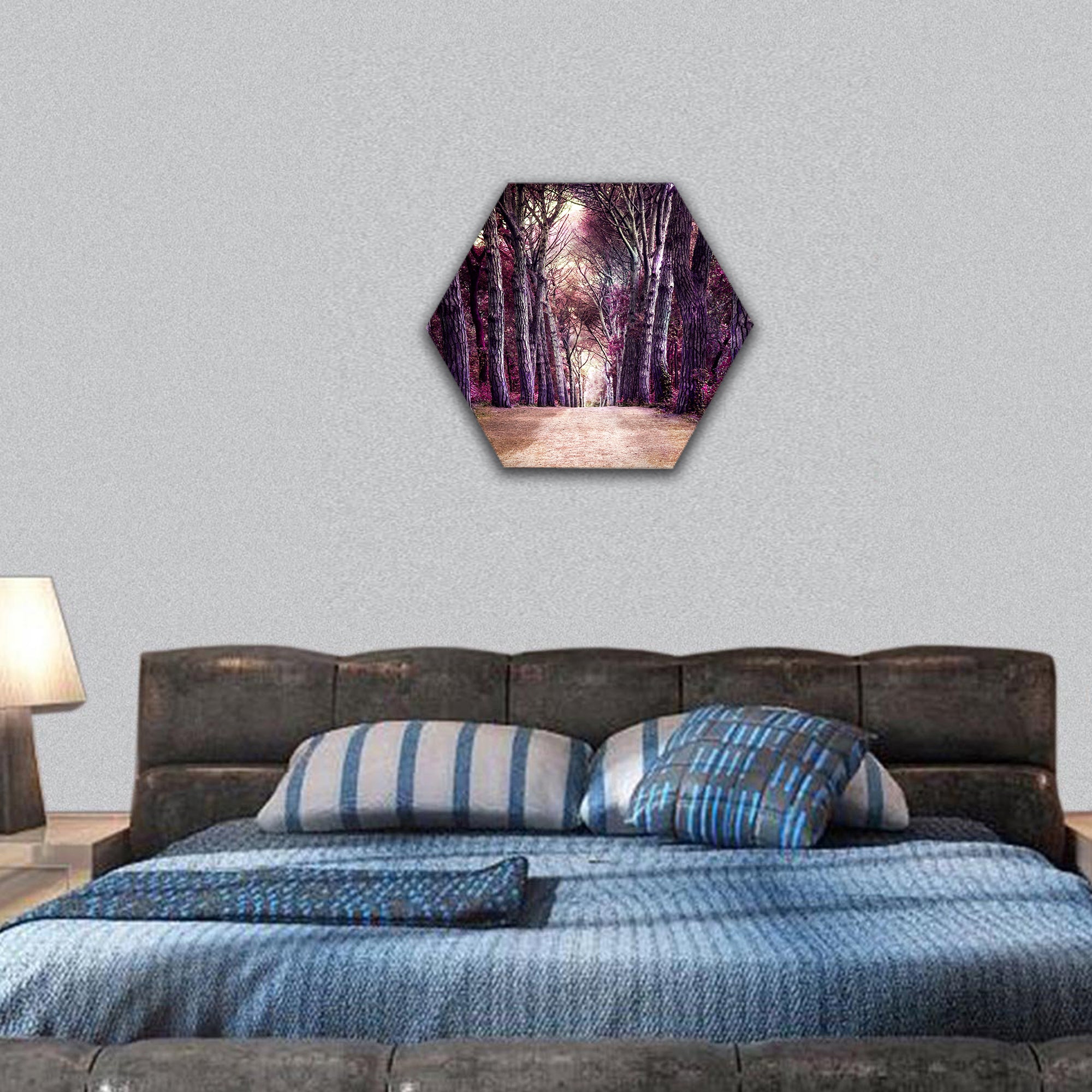 Path in forest. Somewhere in magic wood hexagonal canvas wall art