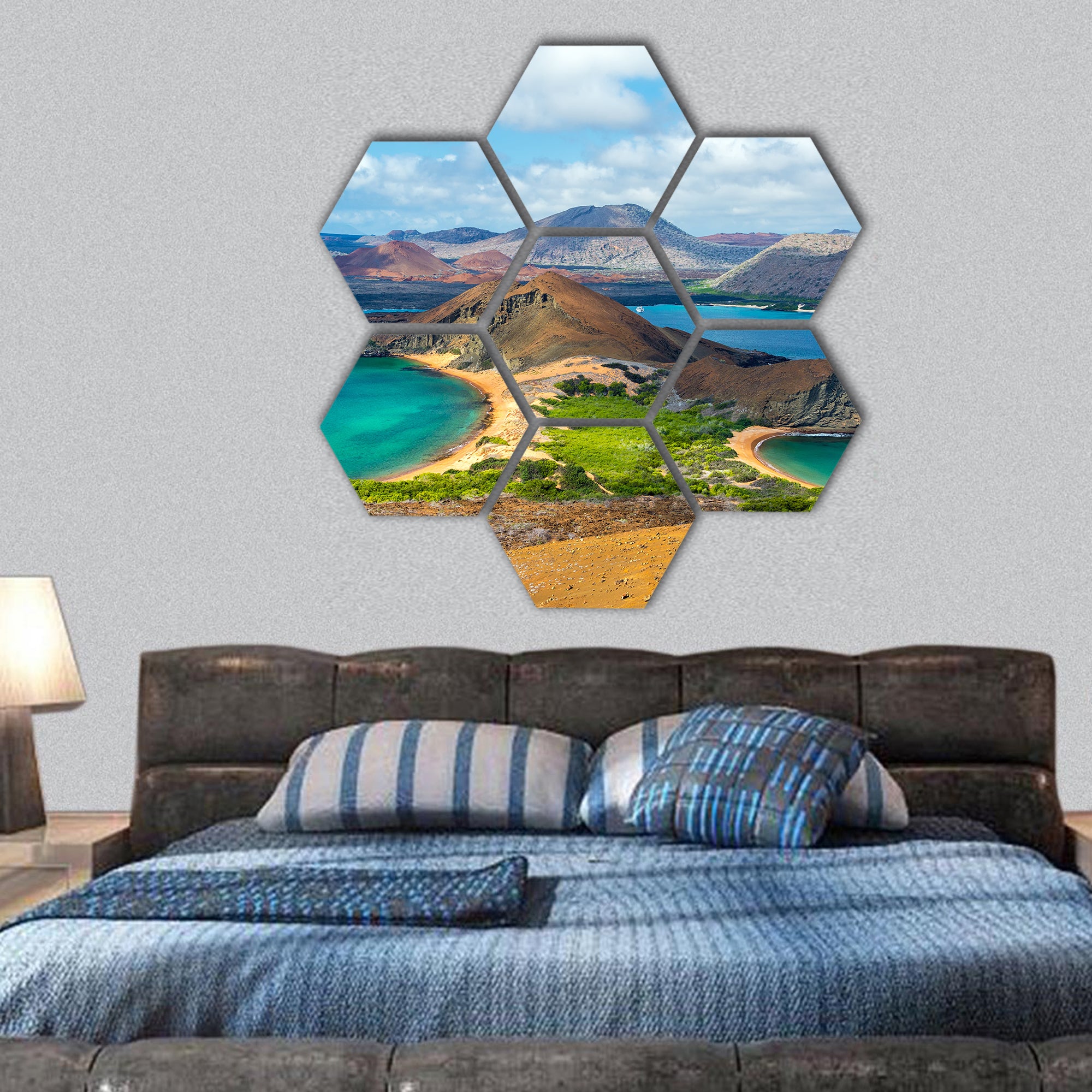 two beaches on Bartolome Island in the Galapagos Islands hexagonal canvas wall art