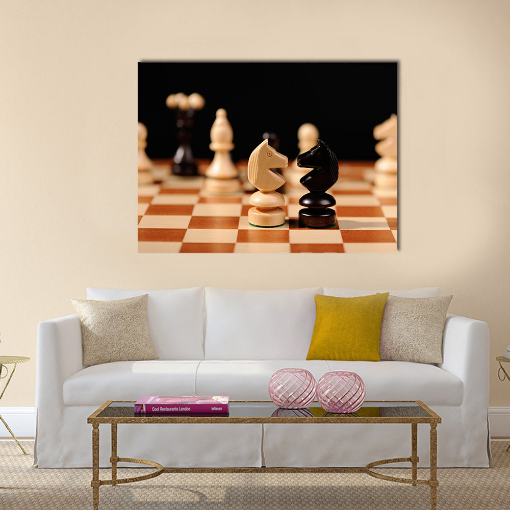 wooden chess pieces with chess desk multi panel canvas wall art