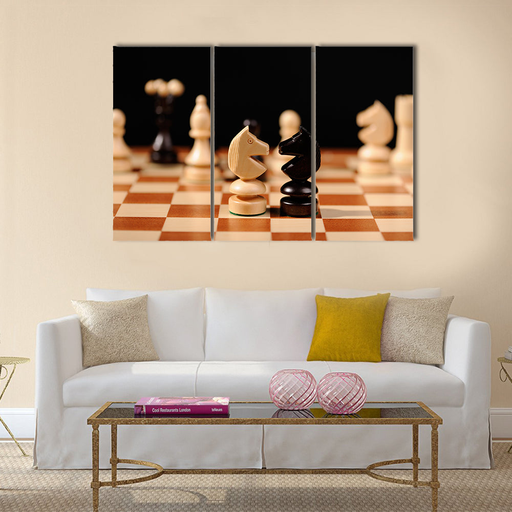 wooden chess pieces with chess desk multi panel canvas wall art