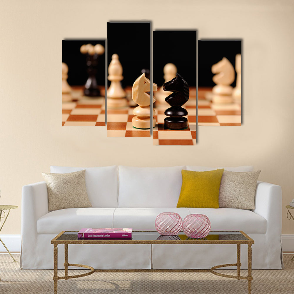 wooden chess pieces with chess desk multi panel canvas wall art