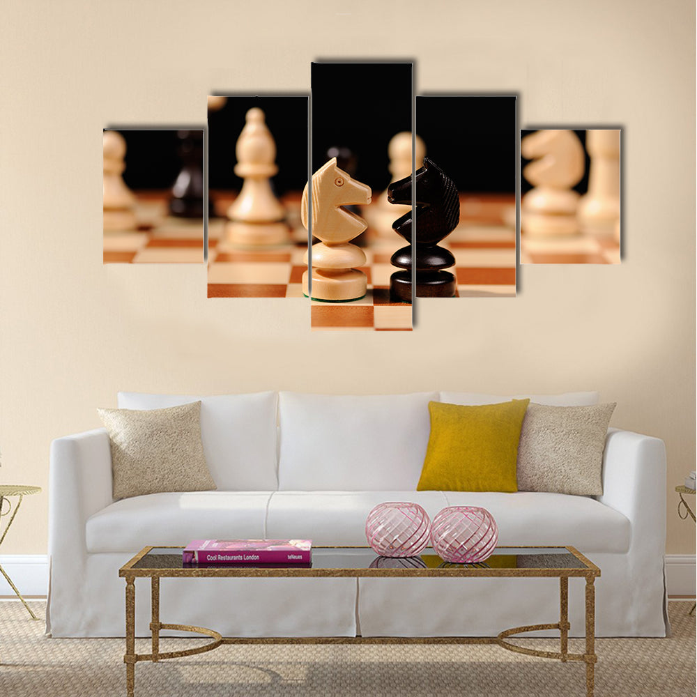wooden chess pieces with chess desk multi panel canvas wall art