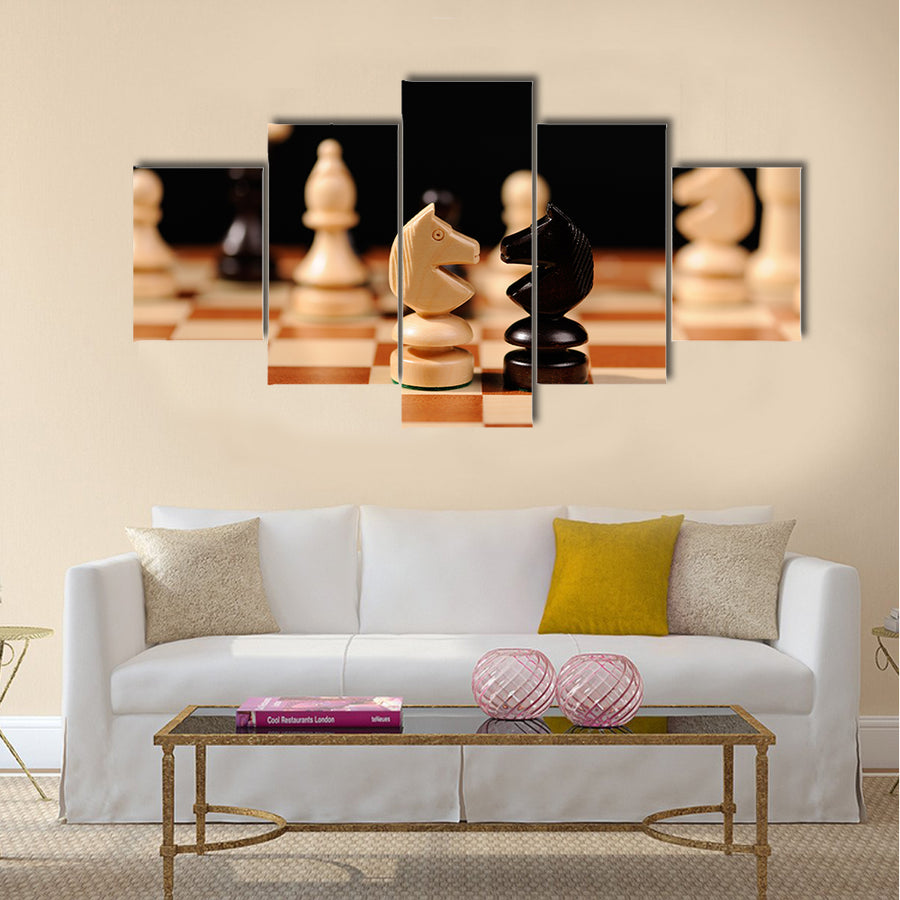 wooden chess pieces with chess desk multi panel canvas wall art