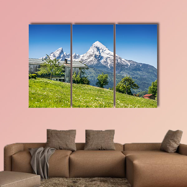 Idyllic summer landscape with traditional farm house in the Alps Multi panel canvas wall art