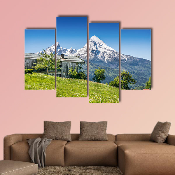 Idyllic summer landscape with traditional farm house in the Alps Multi panel canvas wall art