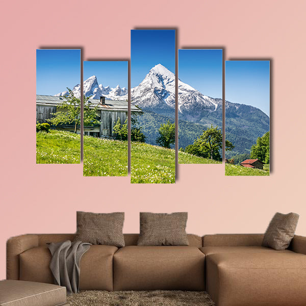 Idyllic summer landscape with traditional farm house in the Alps Multi panel canvas wall art