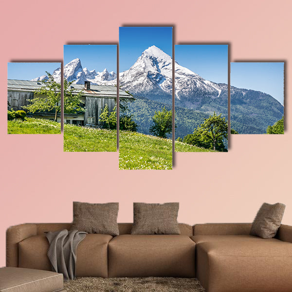 Idyllic summer landscape with traditional farm house in the Alps Multi panel canvas wall art