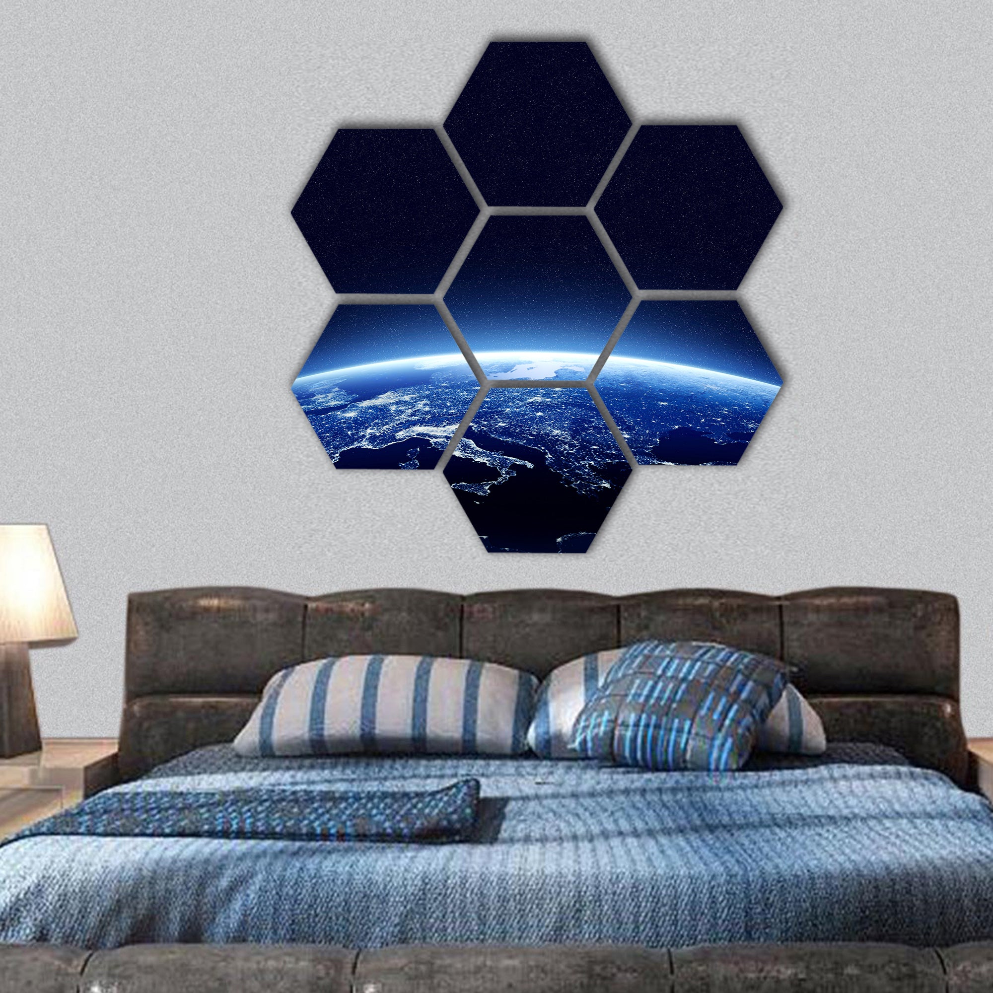 Earth at night as seen from space,  image furnished by NASA hexagonal canvas wall art