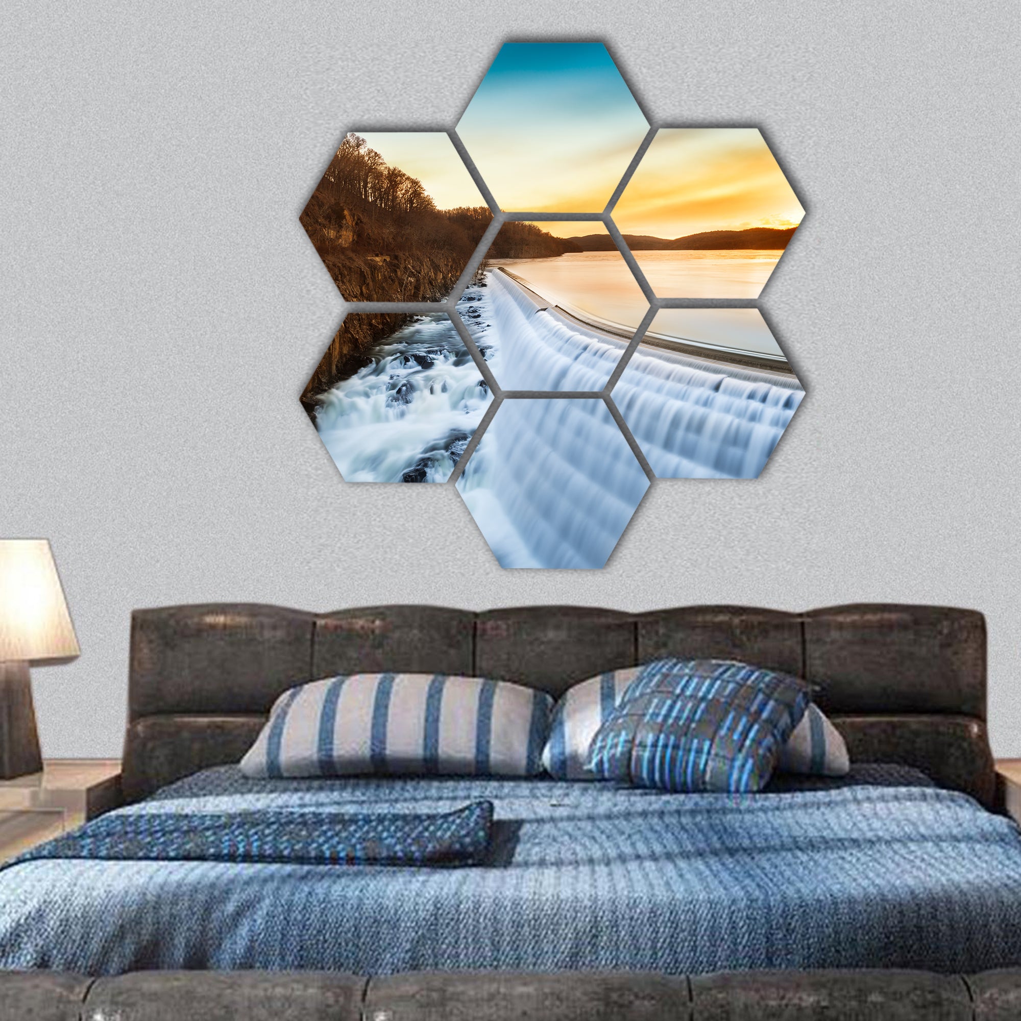 Sunrise over Croton Dam hexagonal canvas wall art