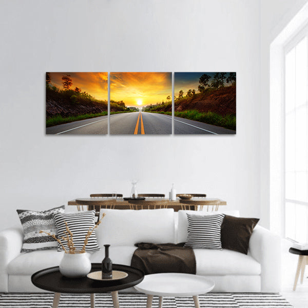 Sun rising sky with asphalt highways road use land transport panoramic canvas wall art