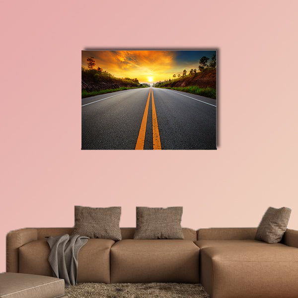 Beautiful sun rising sky with asphalt highways road multi panel canvas wall art