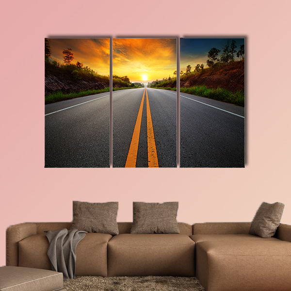 Beautiful sun rising sky with asphalt highways road multi panel canvas wall art
