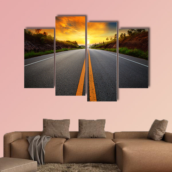 Beautiful sun rising sky with asphalt highways road multi panel canvas wall art