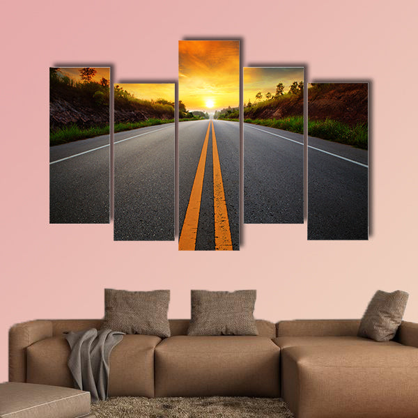 Beautiful sun rising sky with asphalt highways road multi panel canvas wall art