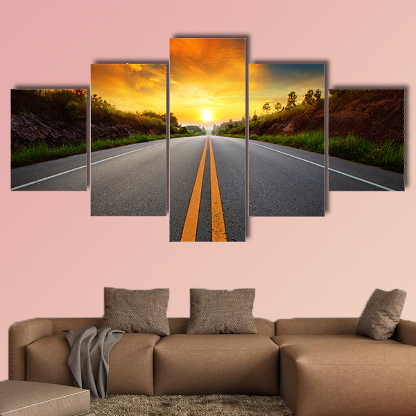 Beautiful sun rising sky with asphalt highways road multi panel canvas wall art