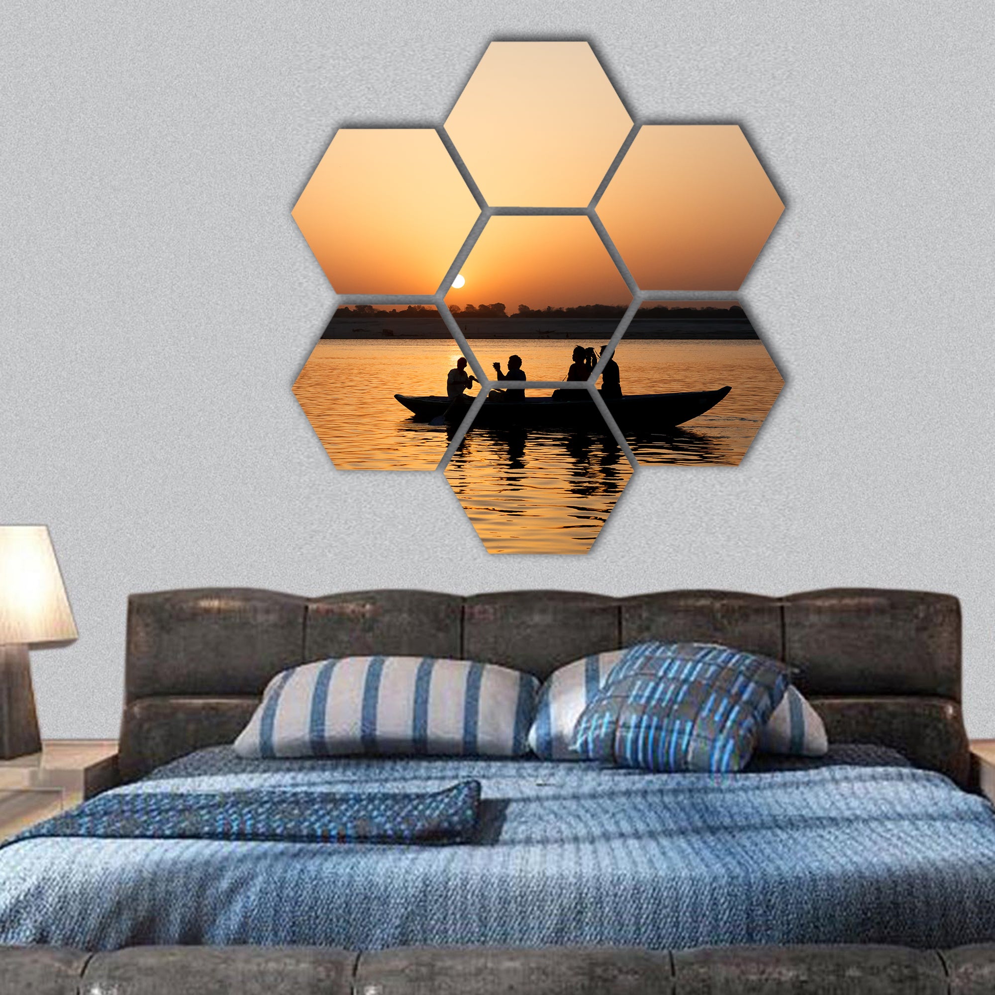 Ganges River and tourists on the boat with rising sun hexagonal canvas wall art