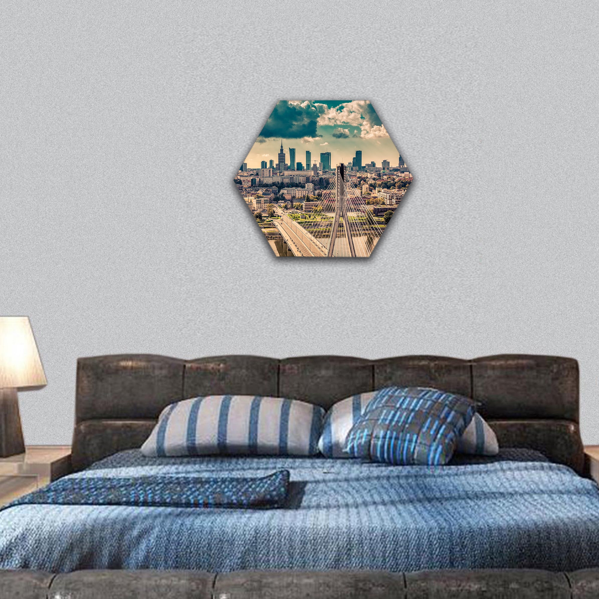 Warsaw skyline behind the bridge vintage view, Poland hexagonal canvas wall art