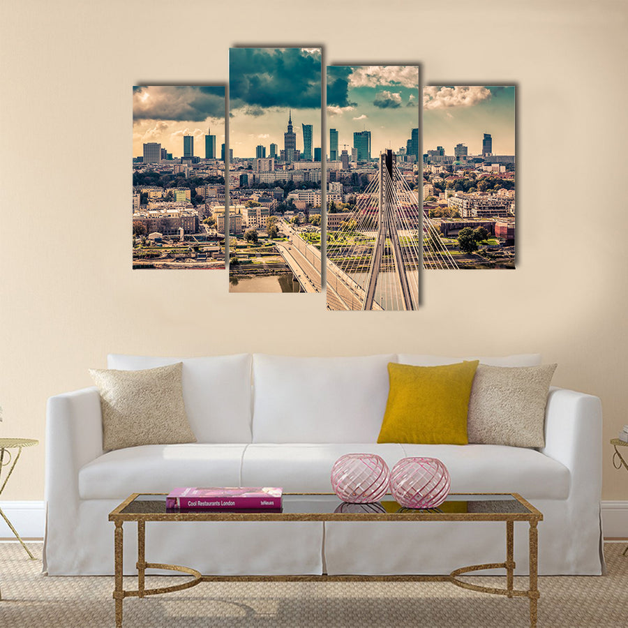 Warsaw skyline behind the bridge, Poland Multi panel canvas wall art