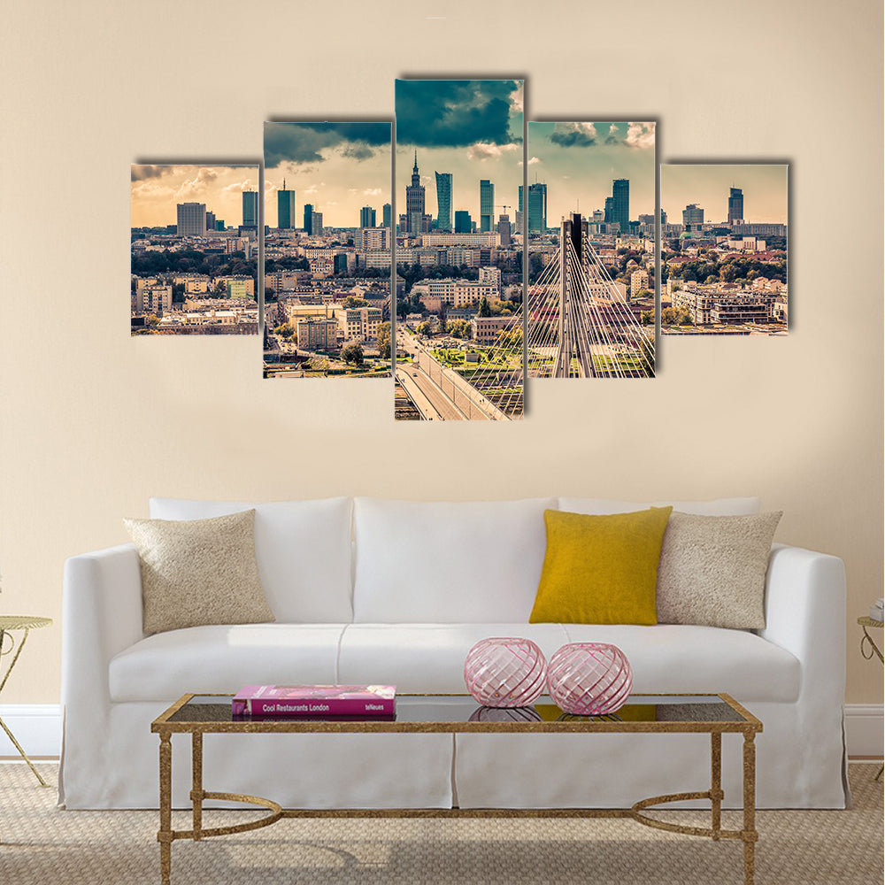 Warsaw skyline behind the bridge, Poland Multi panel canvas wall art