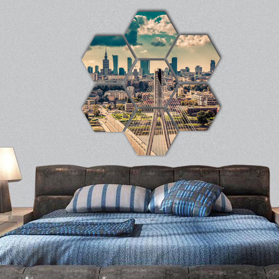 Warsaw skyline behind the bridge vintage view, Poland hexagonal canvas wall art