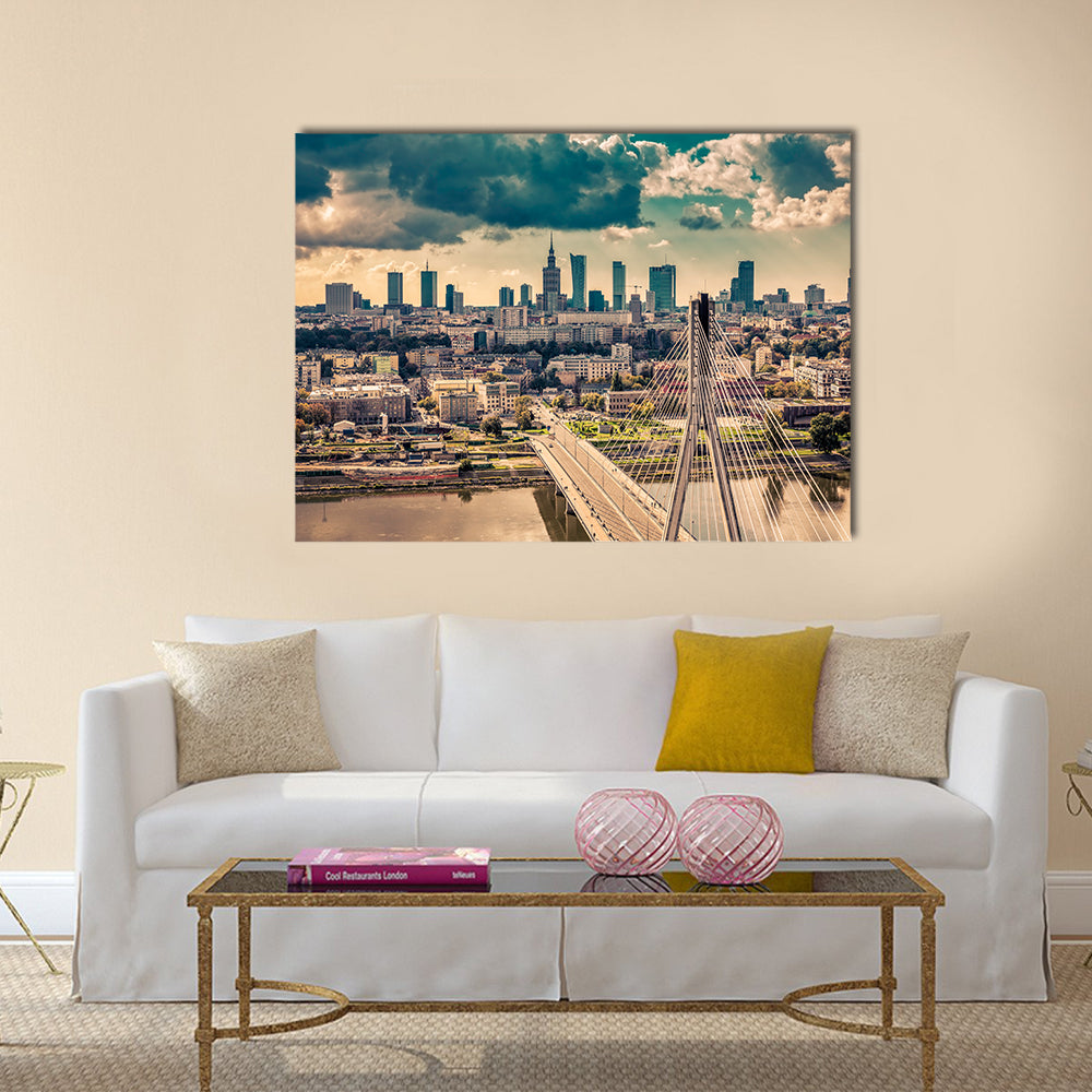 Warsaw skyline behind the bridge, Poland Multi panel canvas wall art