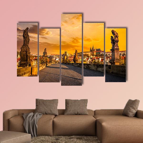 Charles Bridge and Prague castle on sunrise multi panel canvas wall art