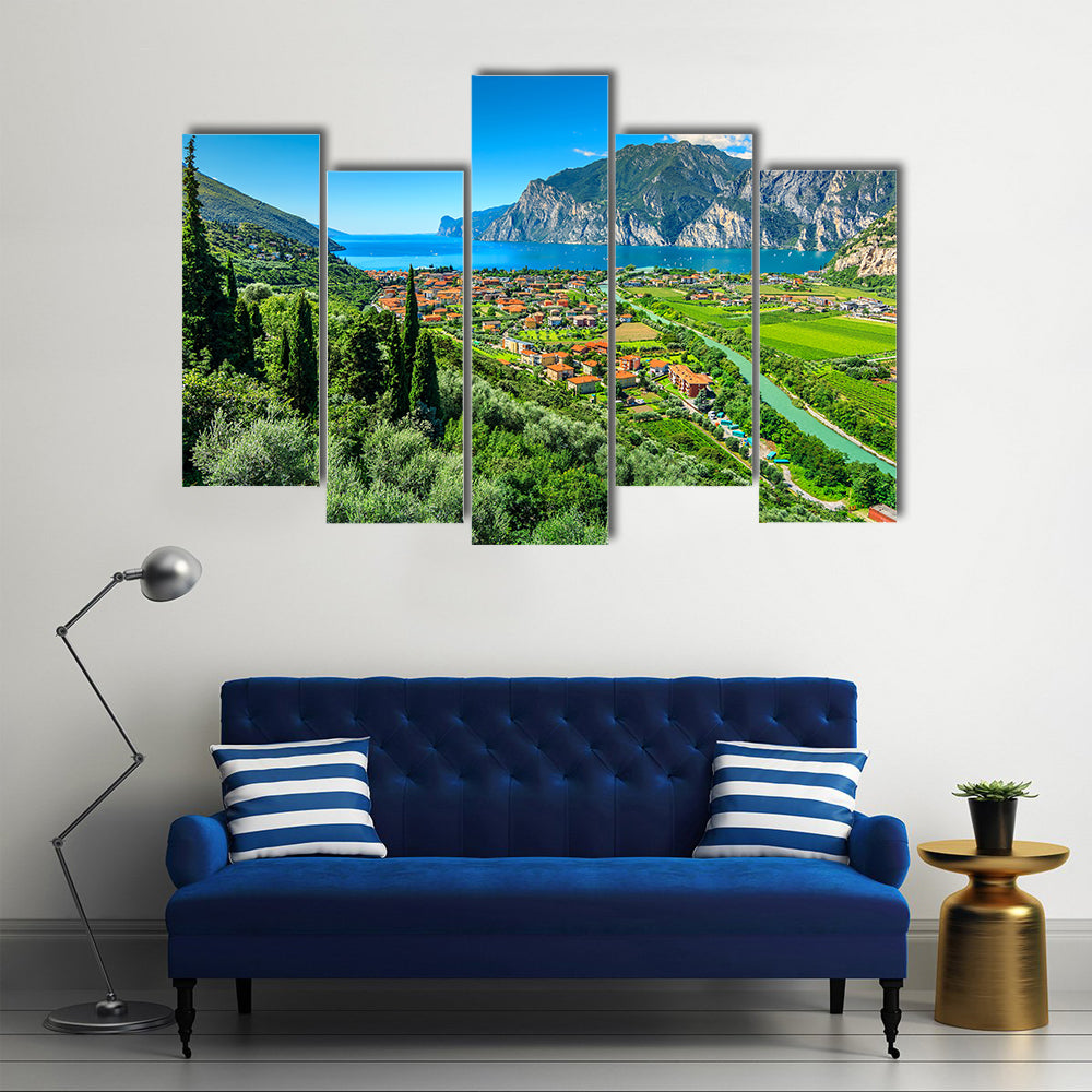 The Lake Garda And Sarca River In Northern Itlay Near A Town, Itlay, Multi Panel Canvas Wall Art