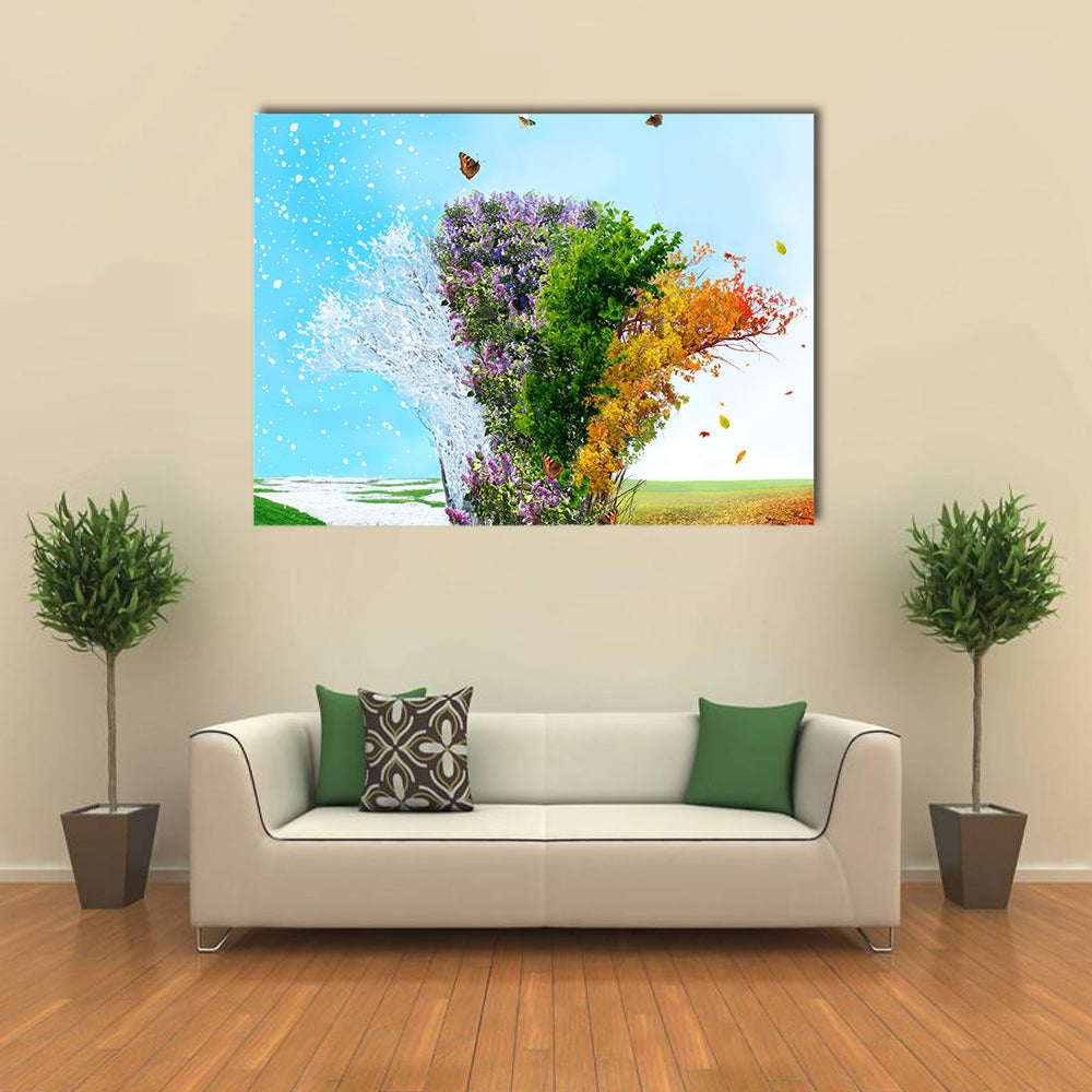 A Tree Representing The Four Seasons Of An Year, Multi Panel Canvas Wall Art