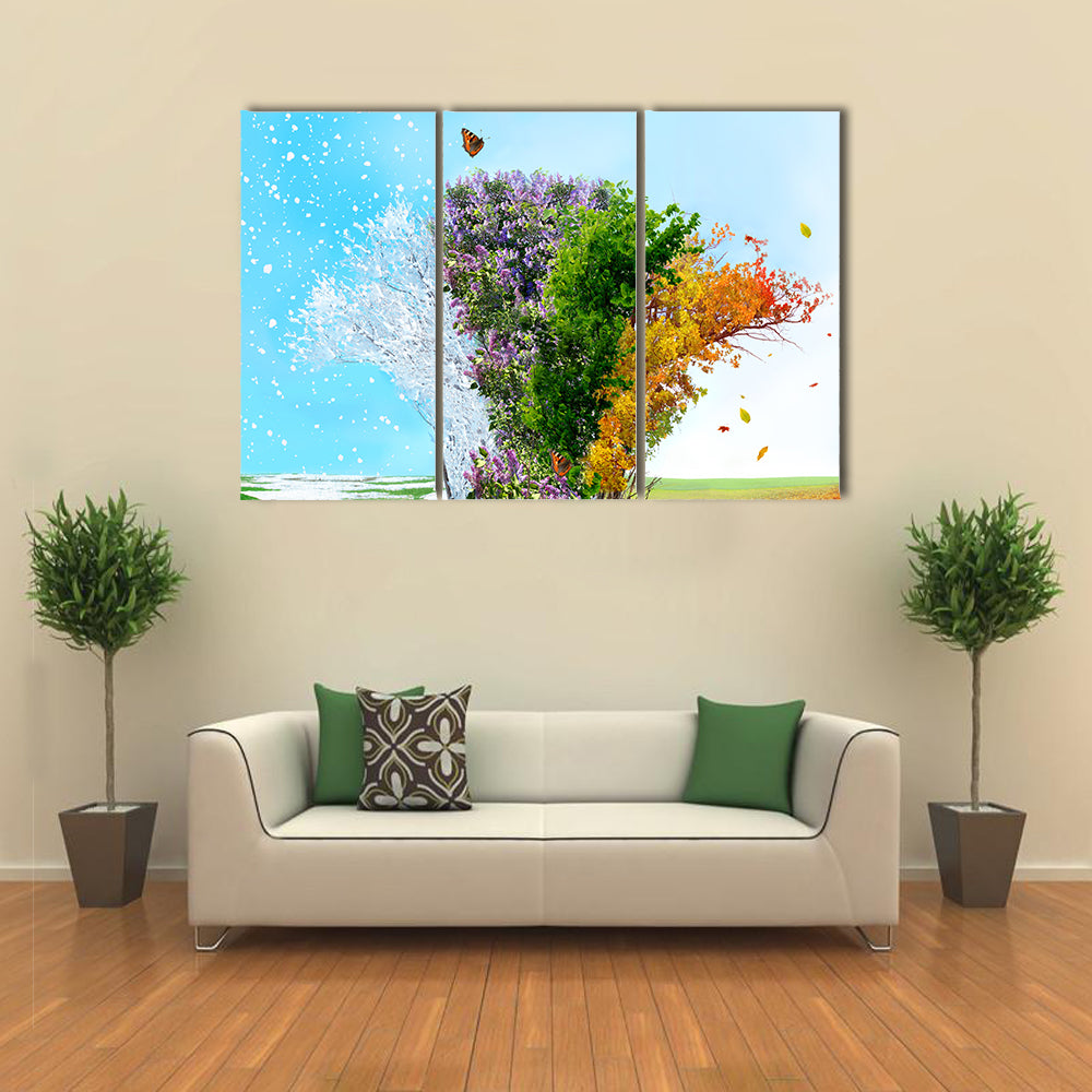 A Tree Representing The Four Seasons Of An Year, Multi Panel Canvas Wall Art