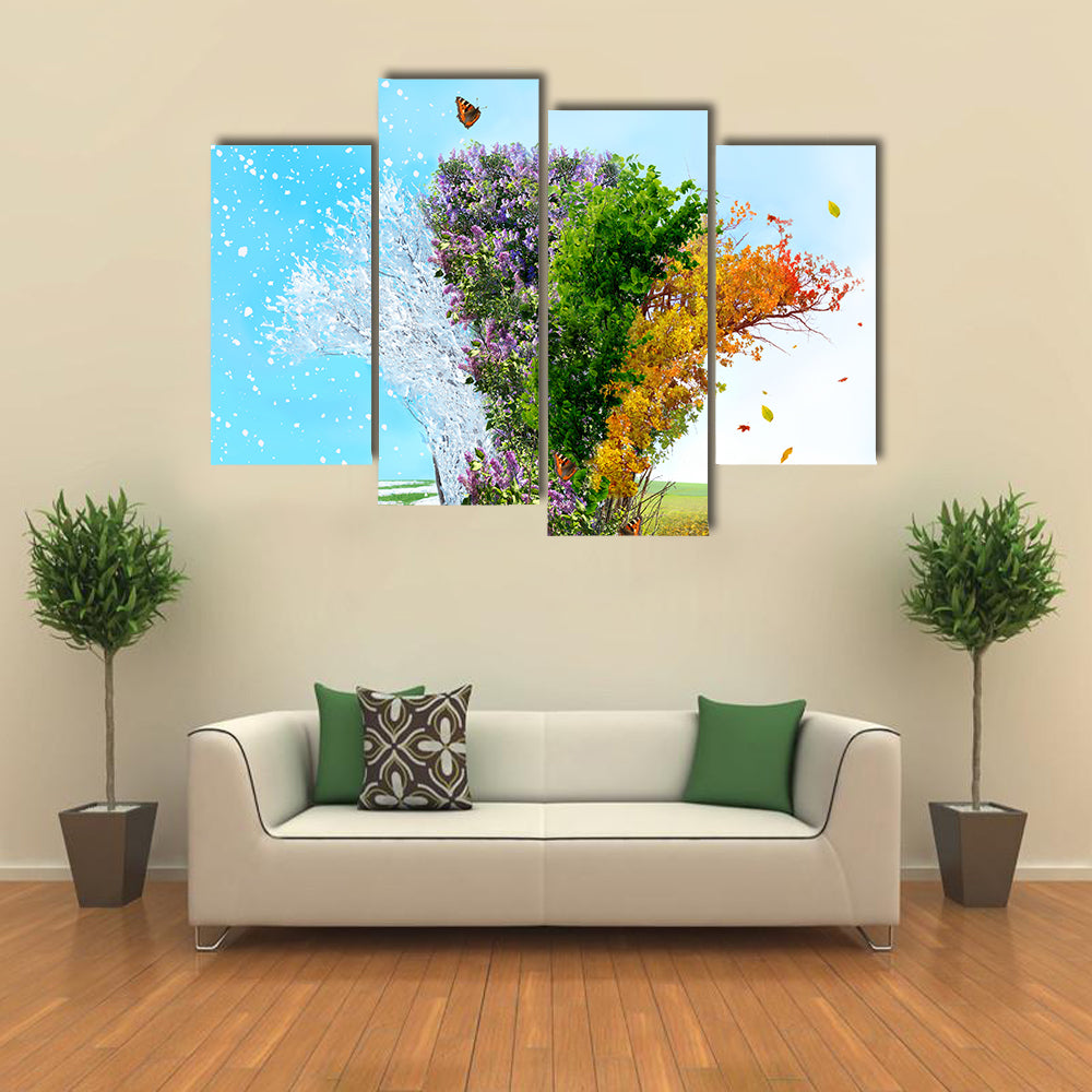 A Tree Representing The Four Seasons Of An Year, Multi Panel Canvas Wall Art