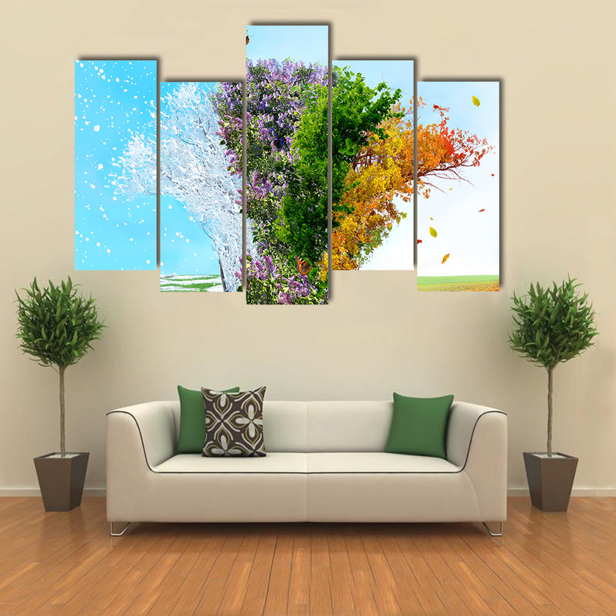 A Tree Representing The Four Seasons Of An Year, Multi Panel Canvas Wall Art